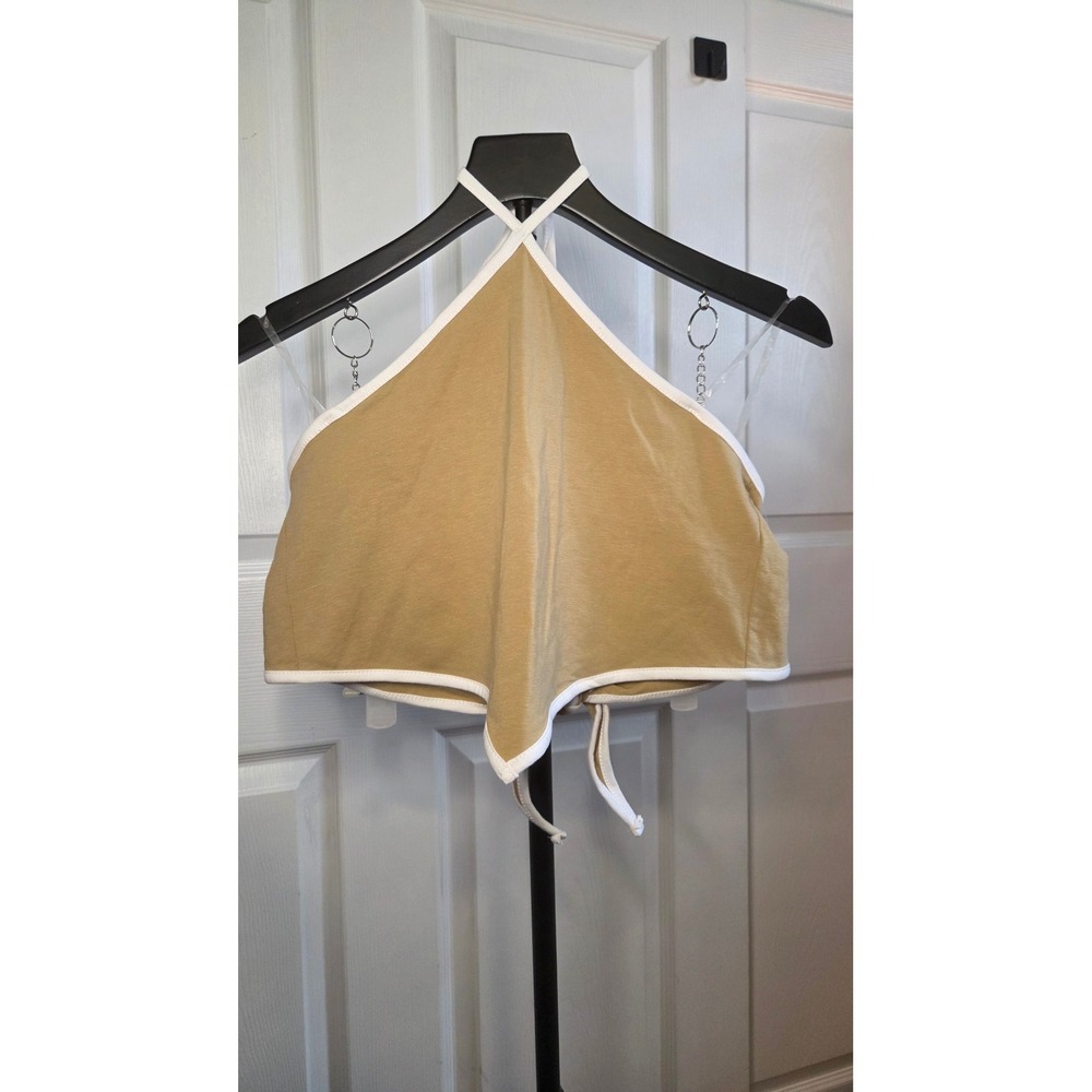 Wild Fable Gold Tan Halter Handkerchief Crop Top White Trim XS NEW